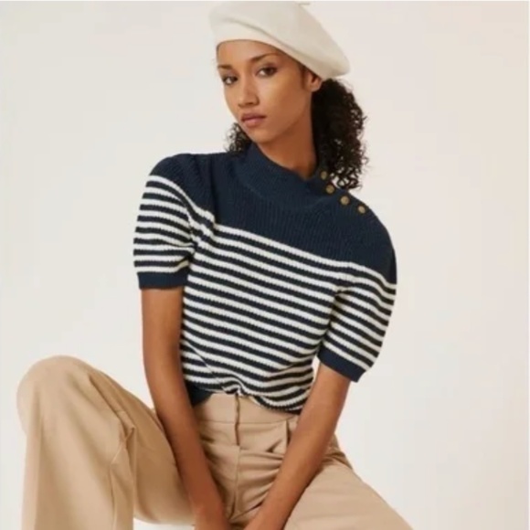 Anthropologie MAEVE Puff-Sleeve Breton Sweater Tee Sailor Stripe Nautical XS/S - Picture 1 of 6
